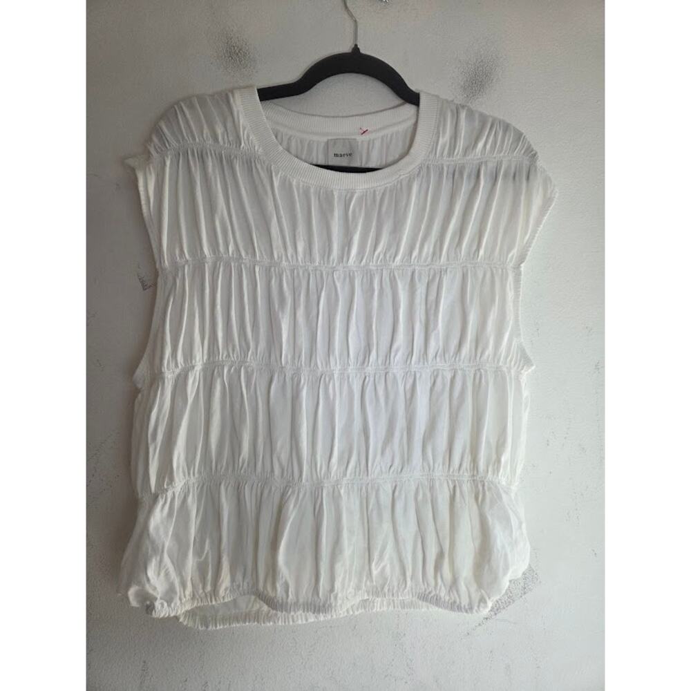 Maeve Anthropologie White 100% Cotton Tiered Smocked Bubble Tee size Medium - Picture 2 of 7